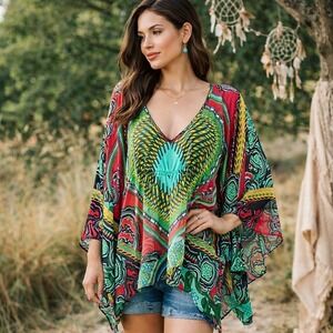 Boston Proper Boho Batwing Tunic Top L Colorful Geometric Festival Cottagecore